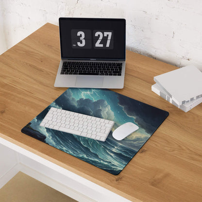 Epic Ocean Wave Stormy Blue gaming mouse pad with lightning bolt