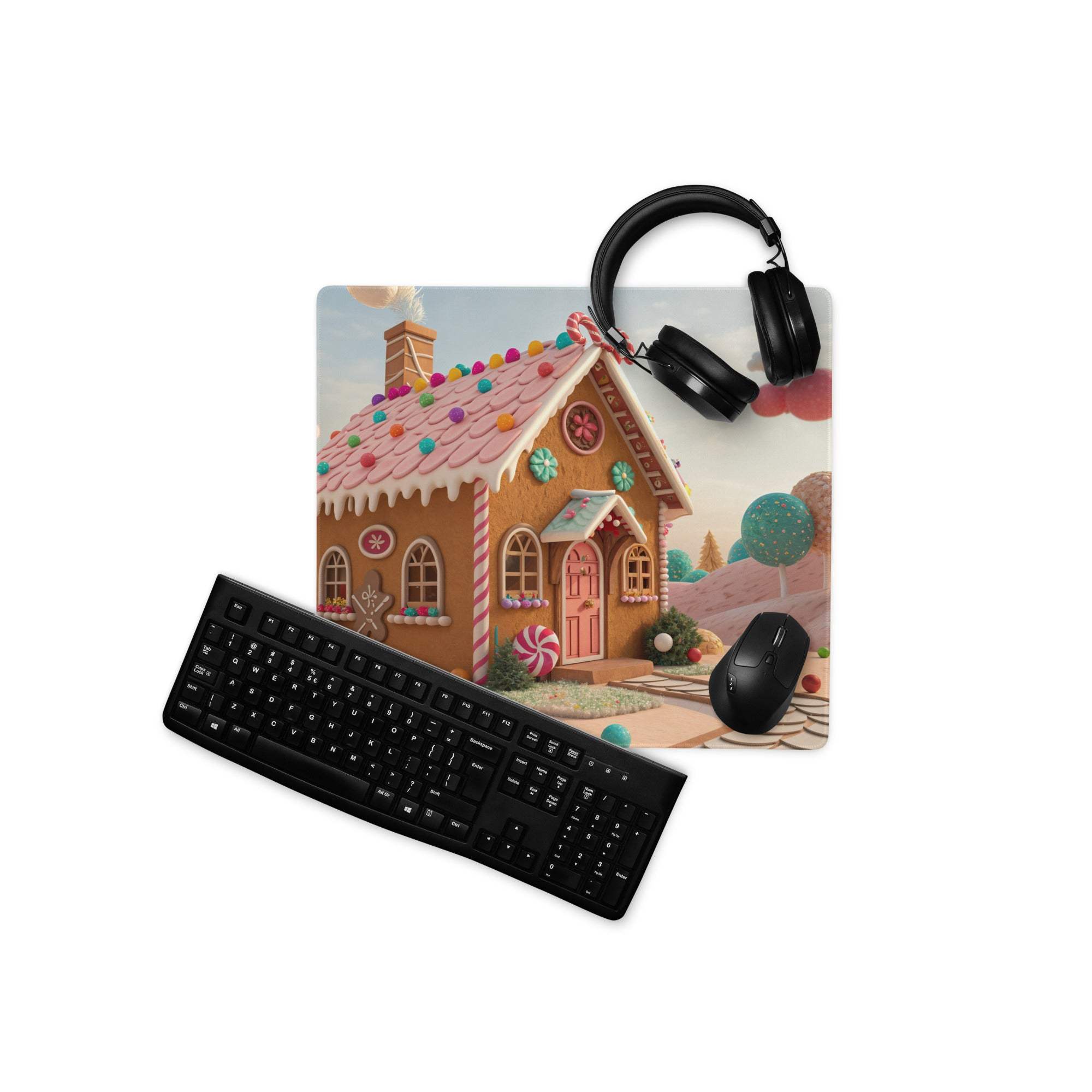 Black keyboard on Candy Land gingerbread house gaming mousepad