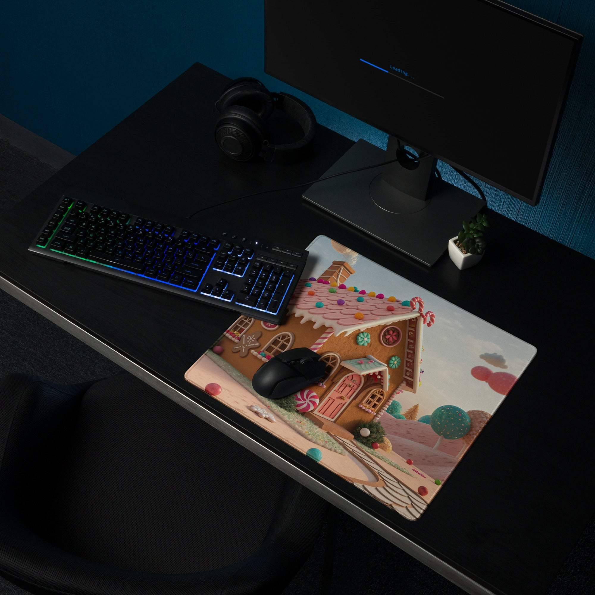 Candy Land themed large gaming mouse pad with gingerbread house design