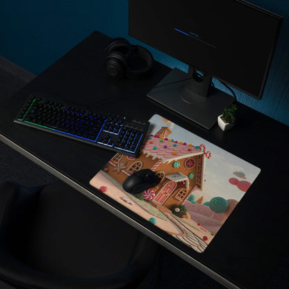 Candy Land themed large gaming mouse pad with gingerbread house design