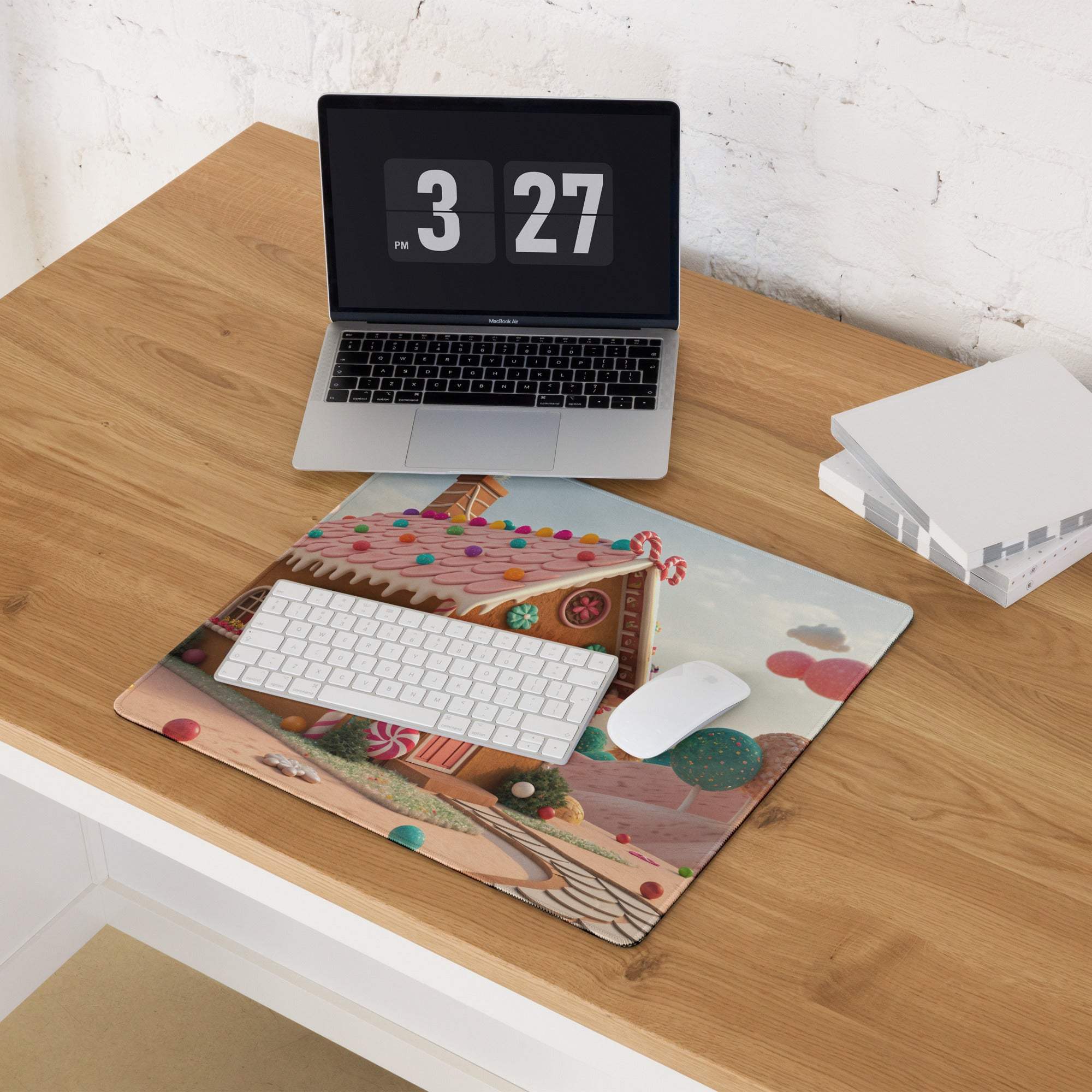 Candy Land gingerbread house gaming mouse pad with pink icing and candies