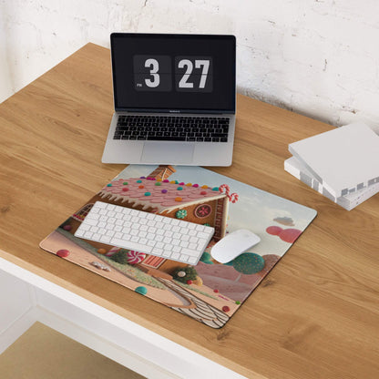 Candy Land gingerbread house gaming mouse pad with pink icing and candies