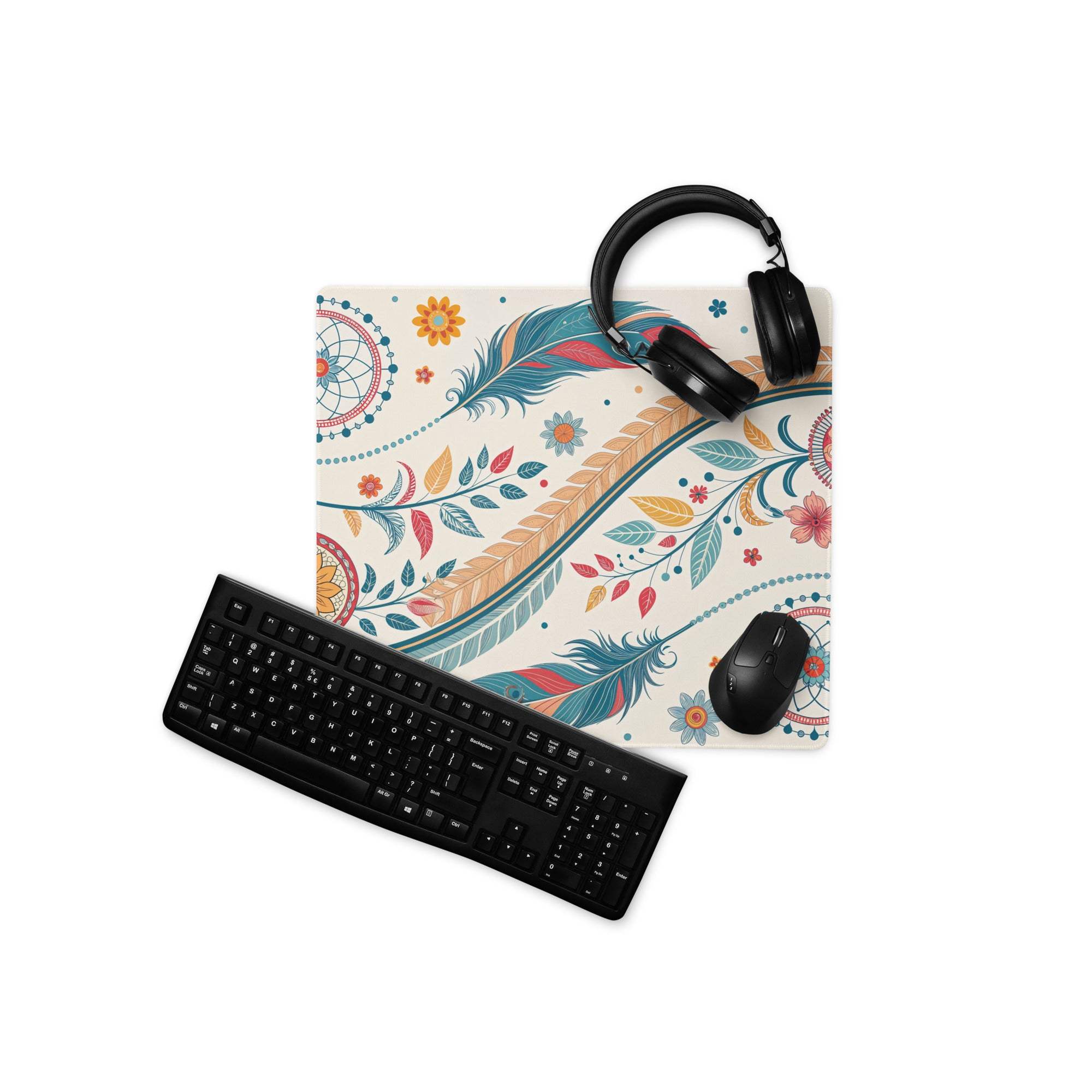 Boho floral cream large gaming mouse pad with feathers dreamcatcher non-slip stitched edges