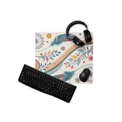 Boho floral cream large gaming mouse pad with feathers dreamcatcher non-slip stitched edges