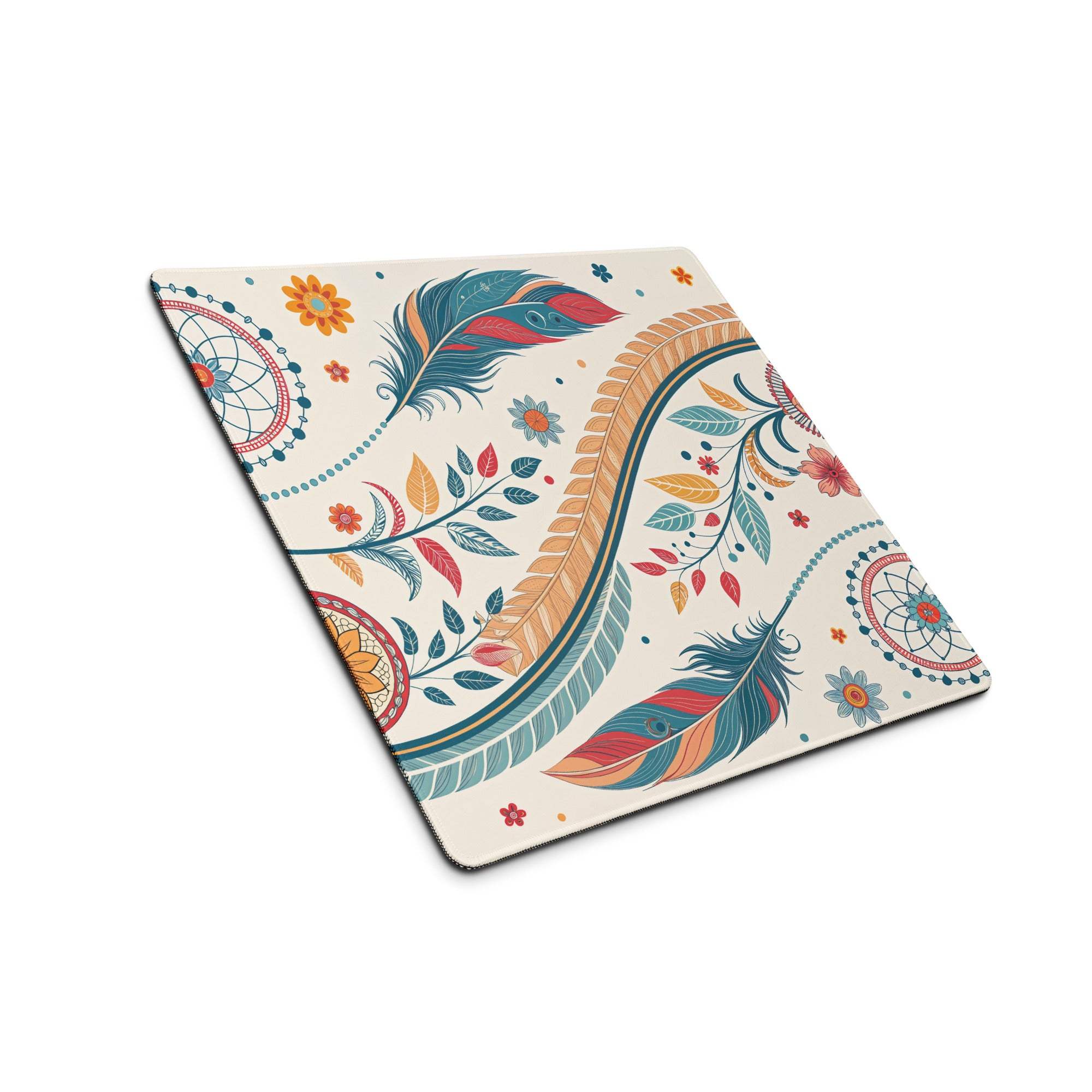 Boho floral cream large gaming mouse pad with teal orange feathers dreamcatcher