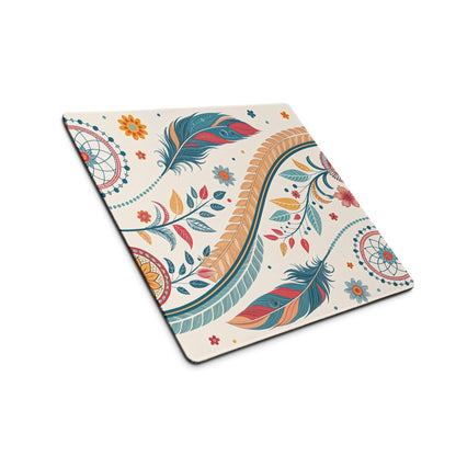 Boho floral cream large gaming mouse pad with teal orange feathers dreamcatcher
