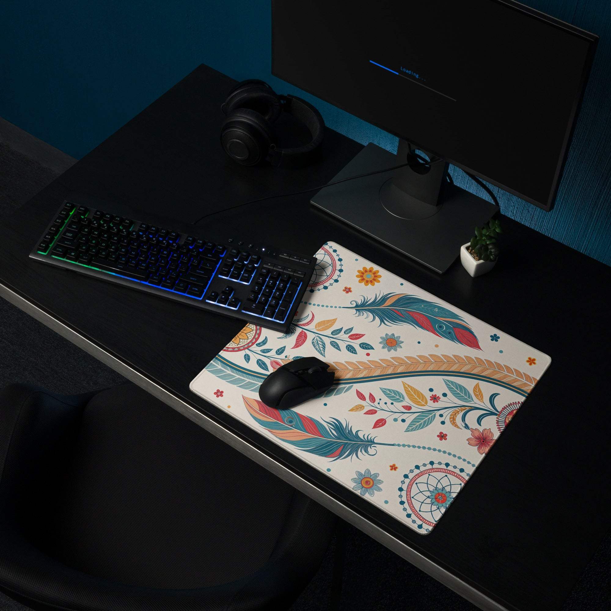 Boho floral cream large gaming mouse pad with vibrant feathers non-slip stitched edges
