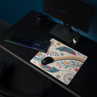 Boho floral cream large gaming mouse pad with vibrant feathers non-slip stitched edges