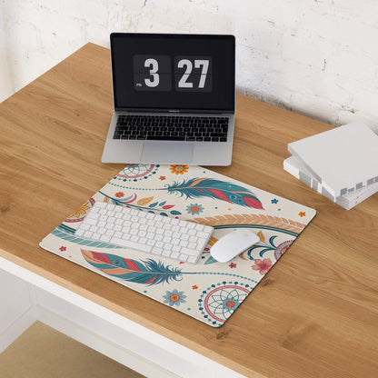 Boho floral cream large gaming mouse pad with feathers and flowers