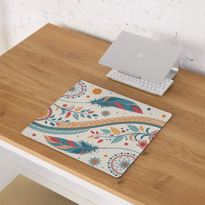 Boho floral cream gaming mouse pad with feathers, flowers, dreamcatcher design