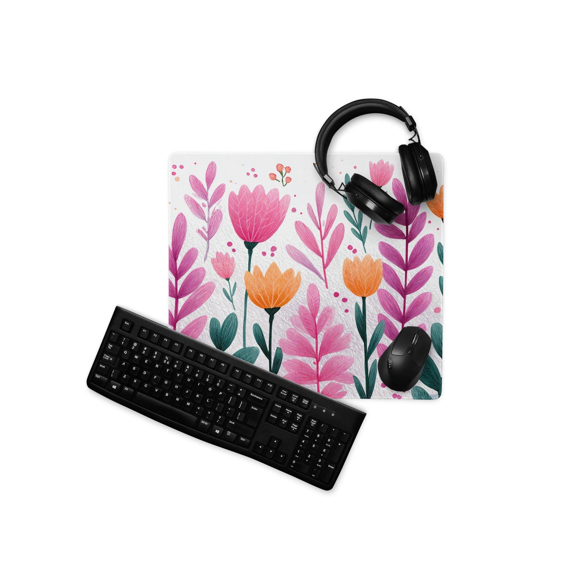 Vibrant pink orange floral watercolor gaming mouse pad large non-slip stitched