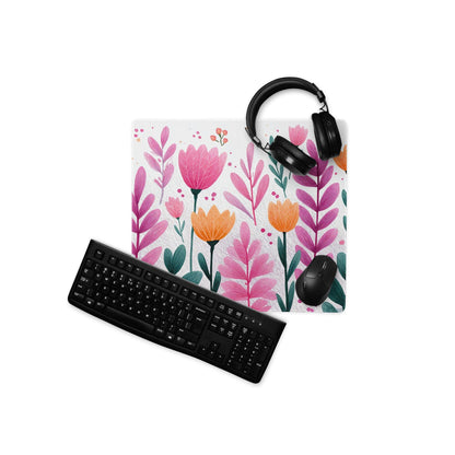 Vibrant pink orange floral watercolor gaming mouse pad large non-slip stitched