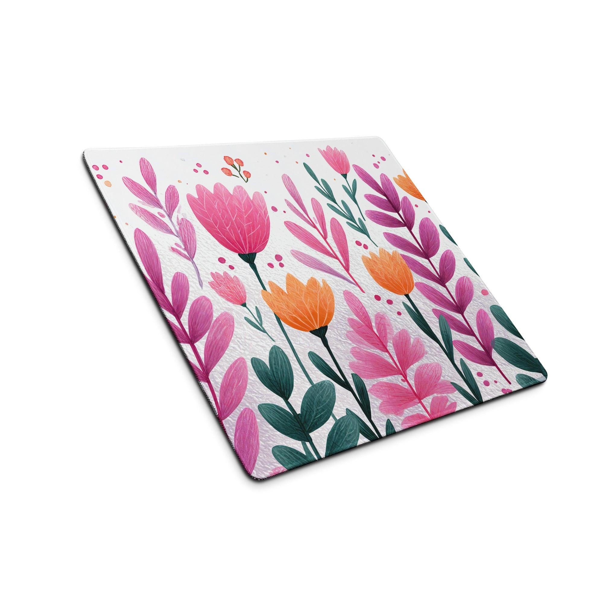 Vibrant pink orange tulip floral gaming mouse pad large non-slip stitched