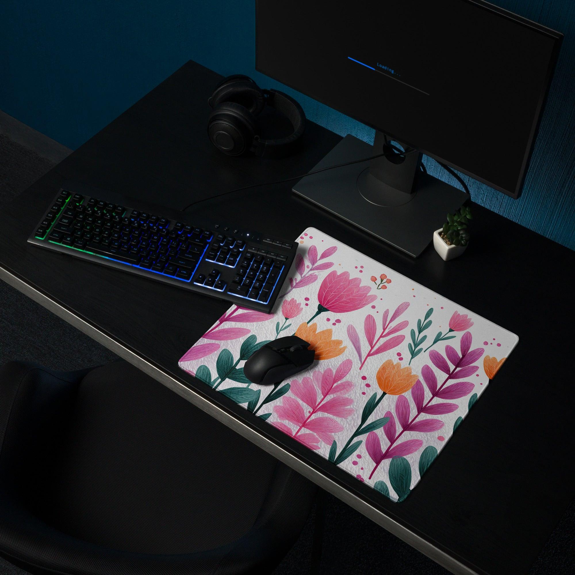 Vibrant pink orange floral garden large gaming mouse pad with non-slip base