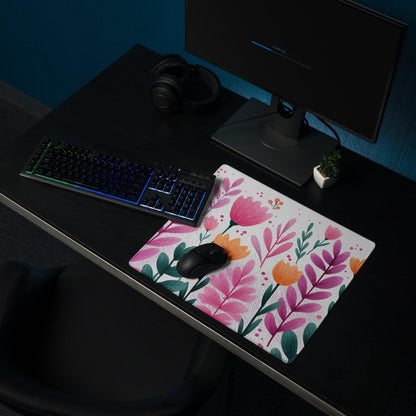 Vibrant pink orange floral garden large gaming mouse pad with non-slip base
