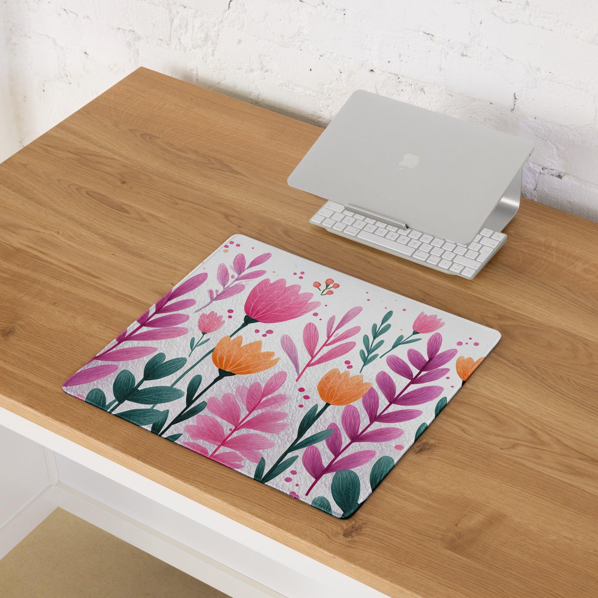 Vibrant pink orange floral watercolor gaming mouse pad large non-slip stitched