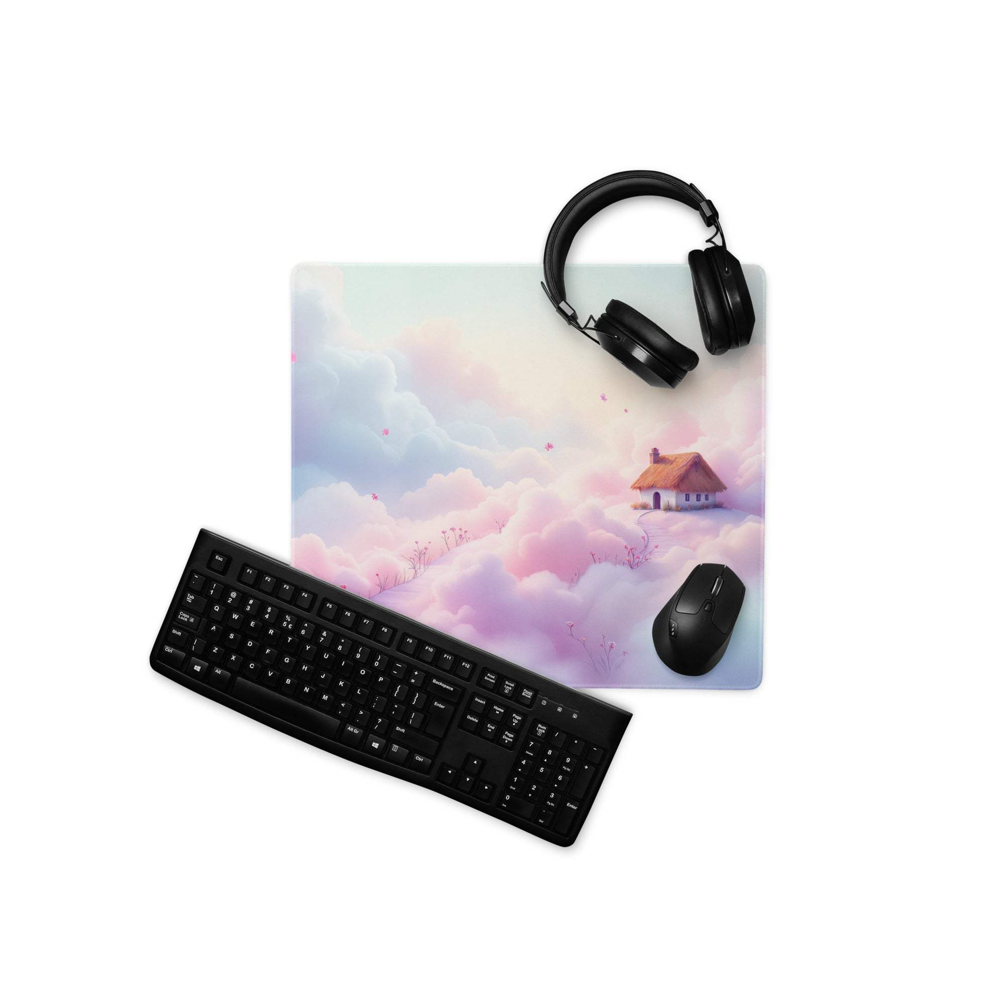Dreamy pastel cloud gaming mousepad with house, non-slip base, stitched edges