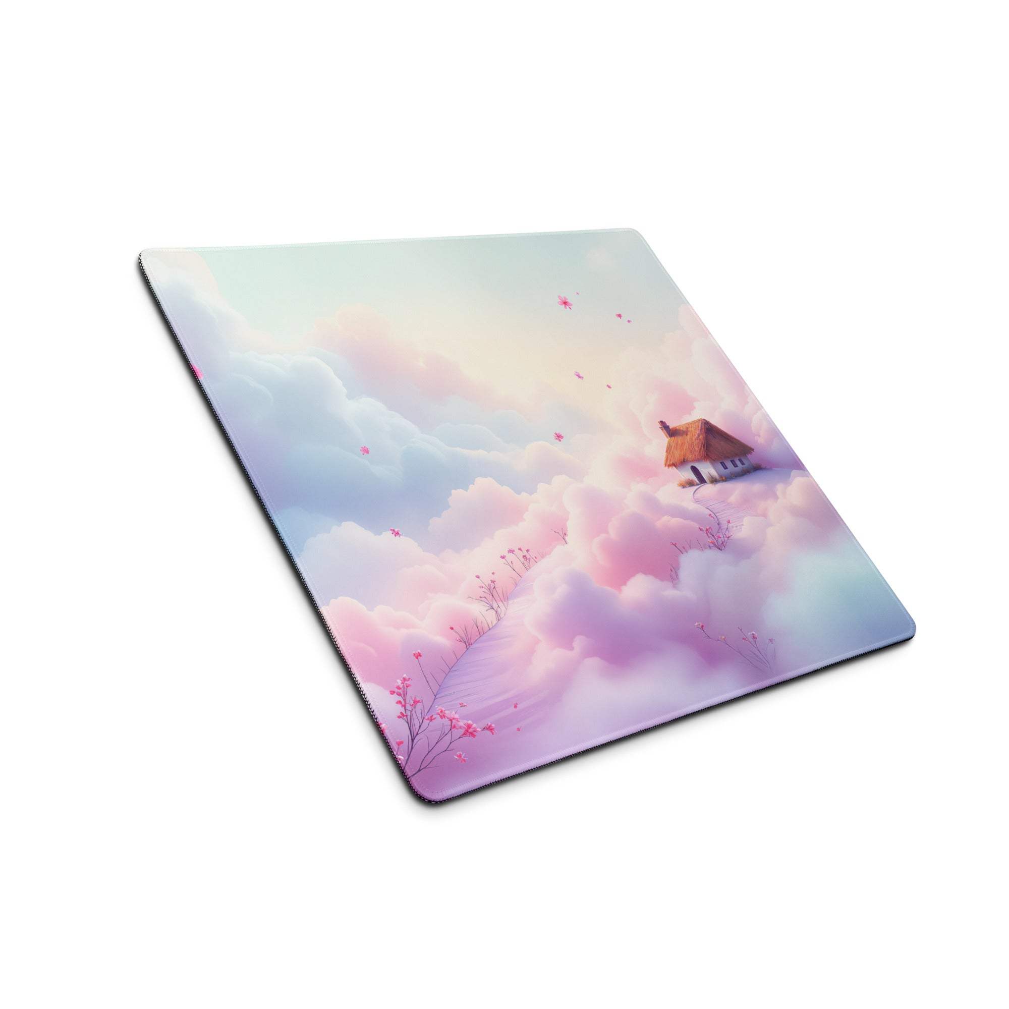 Dreamy Pastel Cloud gaming mouse pad with house in pink clouds
