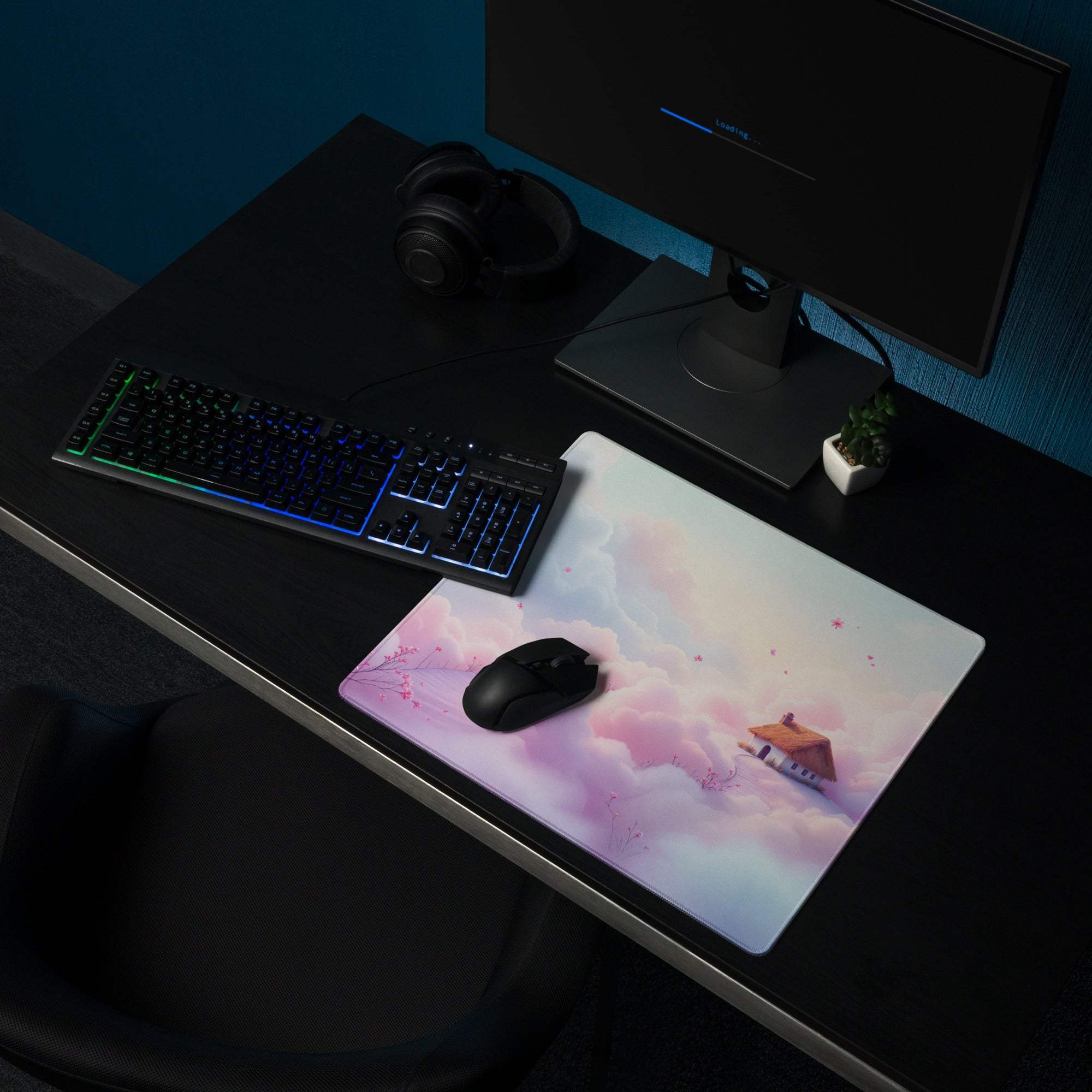 Dreamy pastel cloud gaming mouse pad with pink clouds, house, cherry blossoms, non-slip base