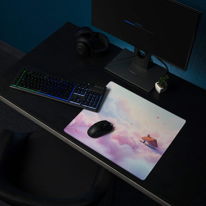 Dreamy pastel cloud gaming mouse pad with pink clouds, house, cherry blossoms, non-slip base