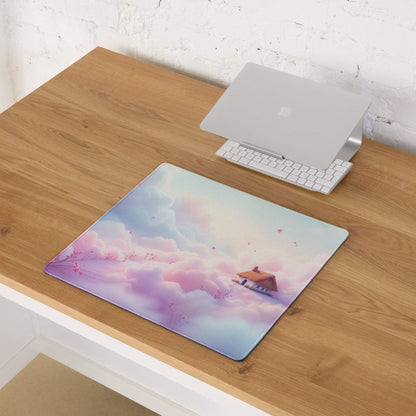Dreamy Pastel Cloud large gaming mousepad with floating house and blossoms