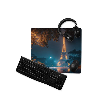 Black matte qwerty keyboard on Epic Night Paris Eiffel Tower mouse pad