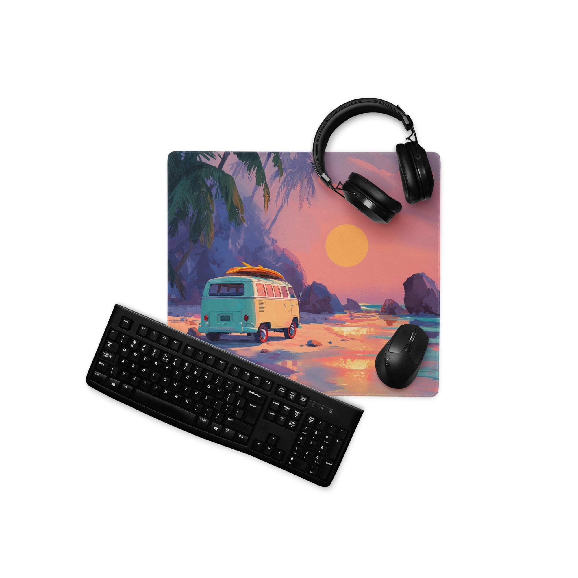 Vibrant retro beach sunset van on tropical shore gaming mouse pad