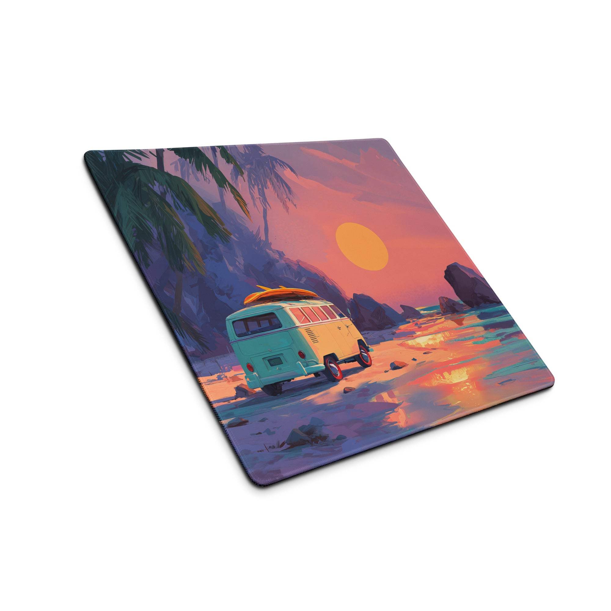 Vibrant retro turquoise yellow beach sunset van mousepad