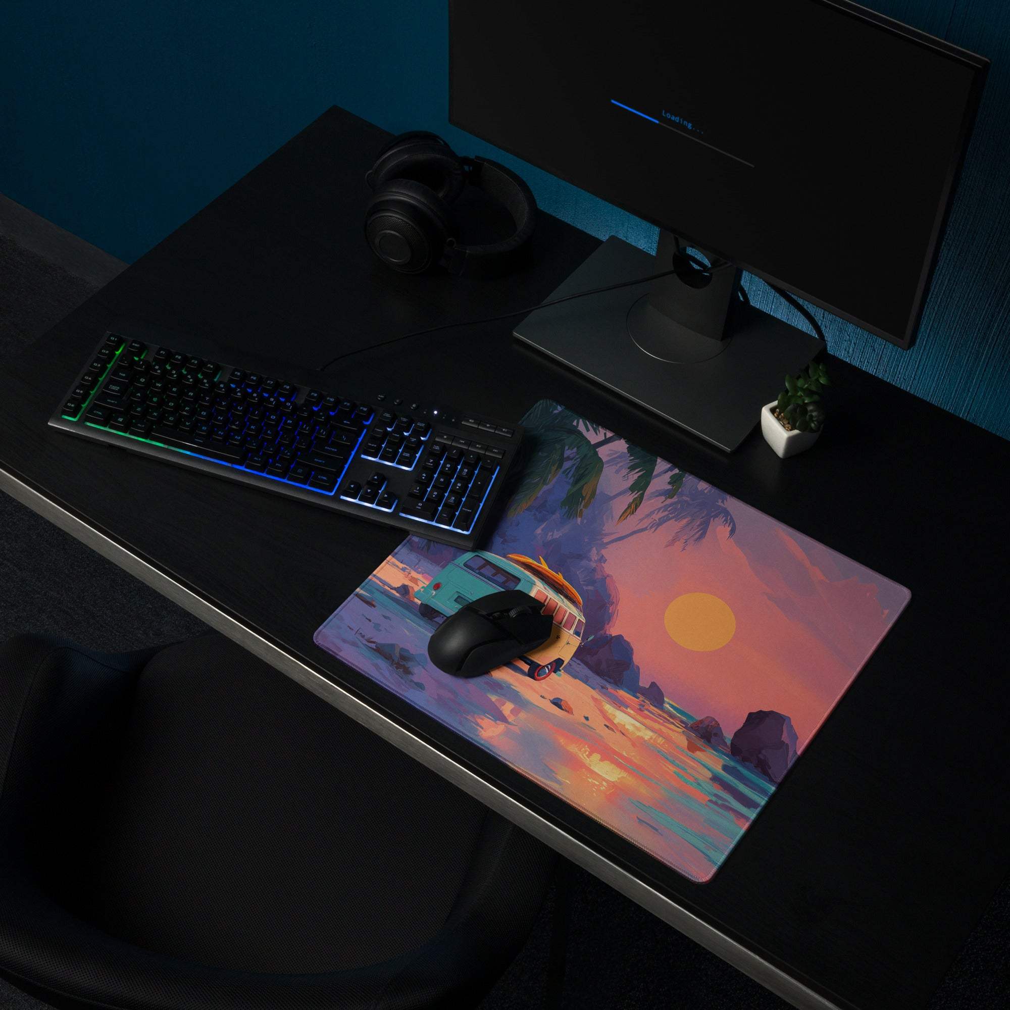Vibrant retro beach sunset van on tropical shore gaming mouse pad