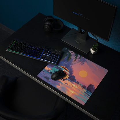 Vibrant retro beach sunset van on tropical shore gaming mouse pad