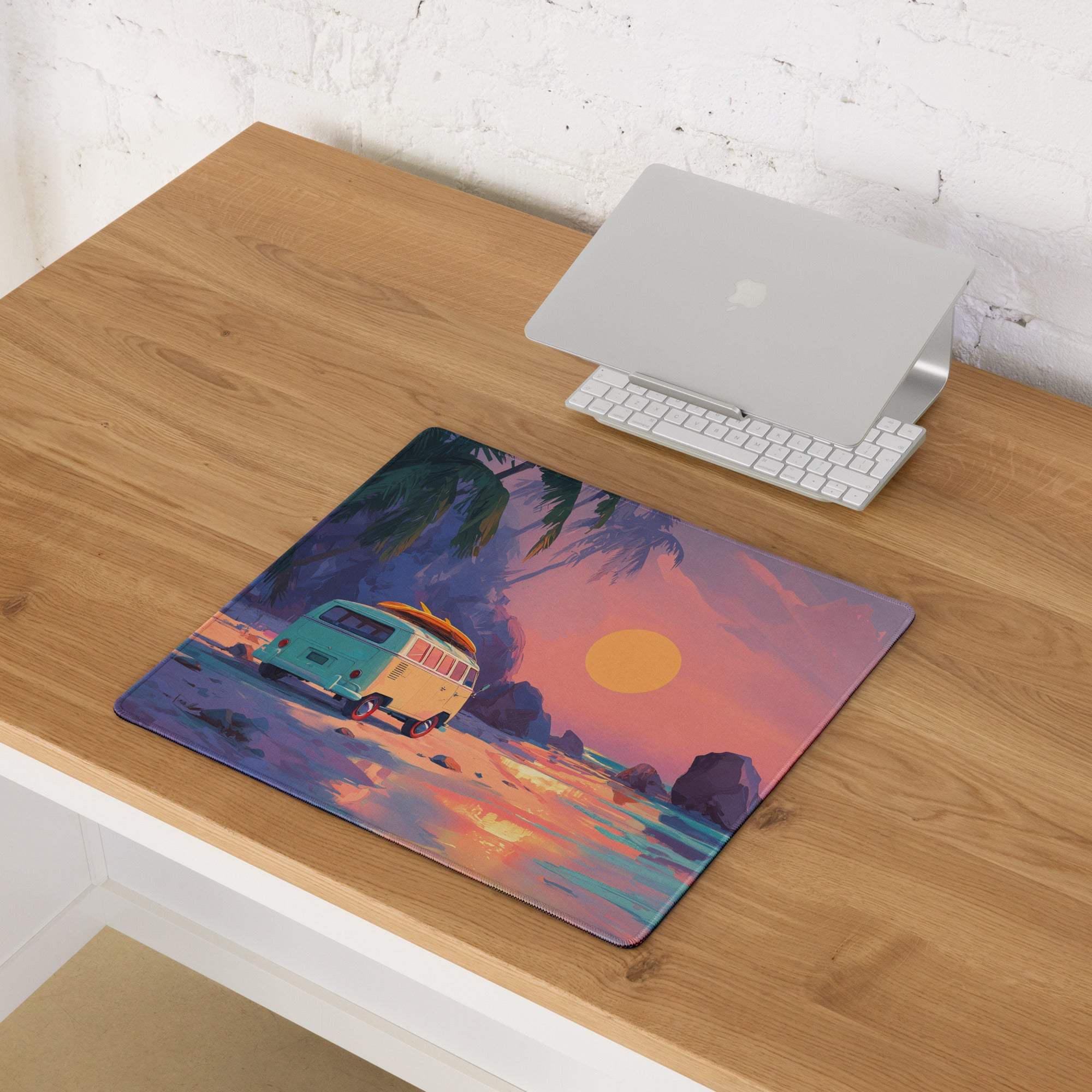 Vibrant retro beach sunset van on tropical shore gaming mouse pad
