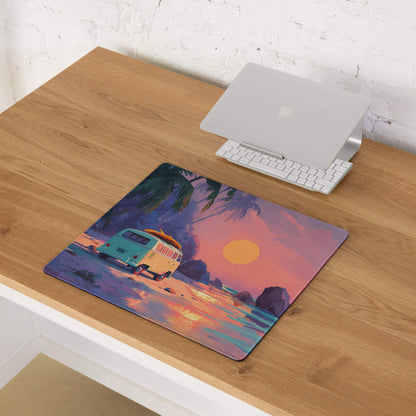 Vibrant retro beach sunset van on tropical shore gaming mouse pad