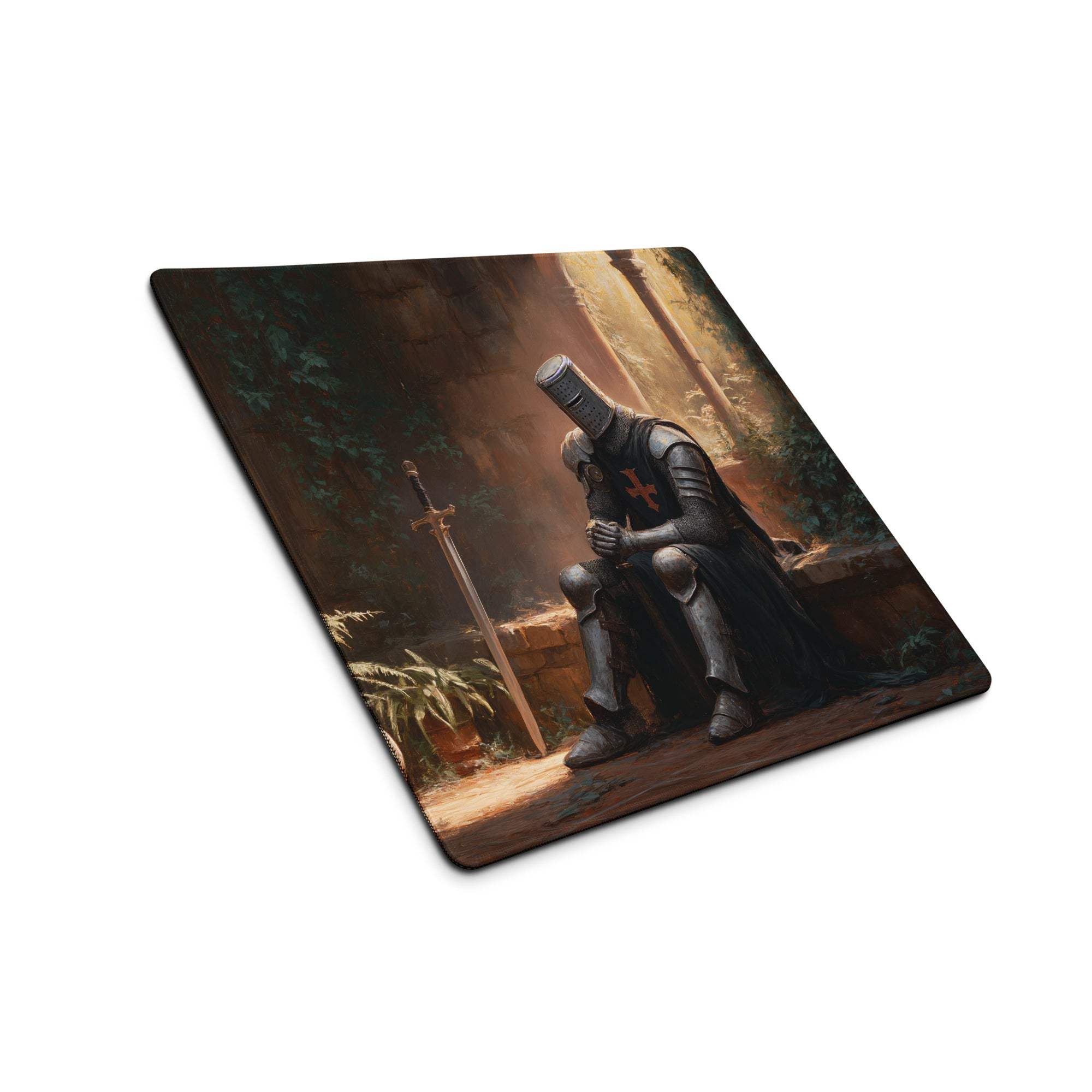 Black and gold hooded knight kneeling by sword on Dark Knight forest ruins mousepad