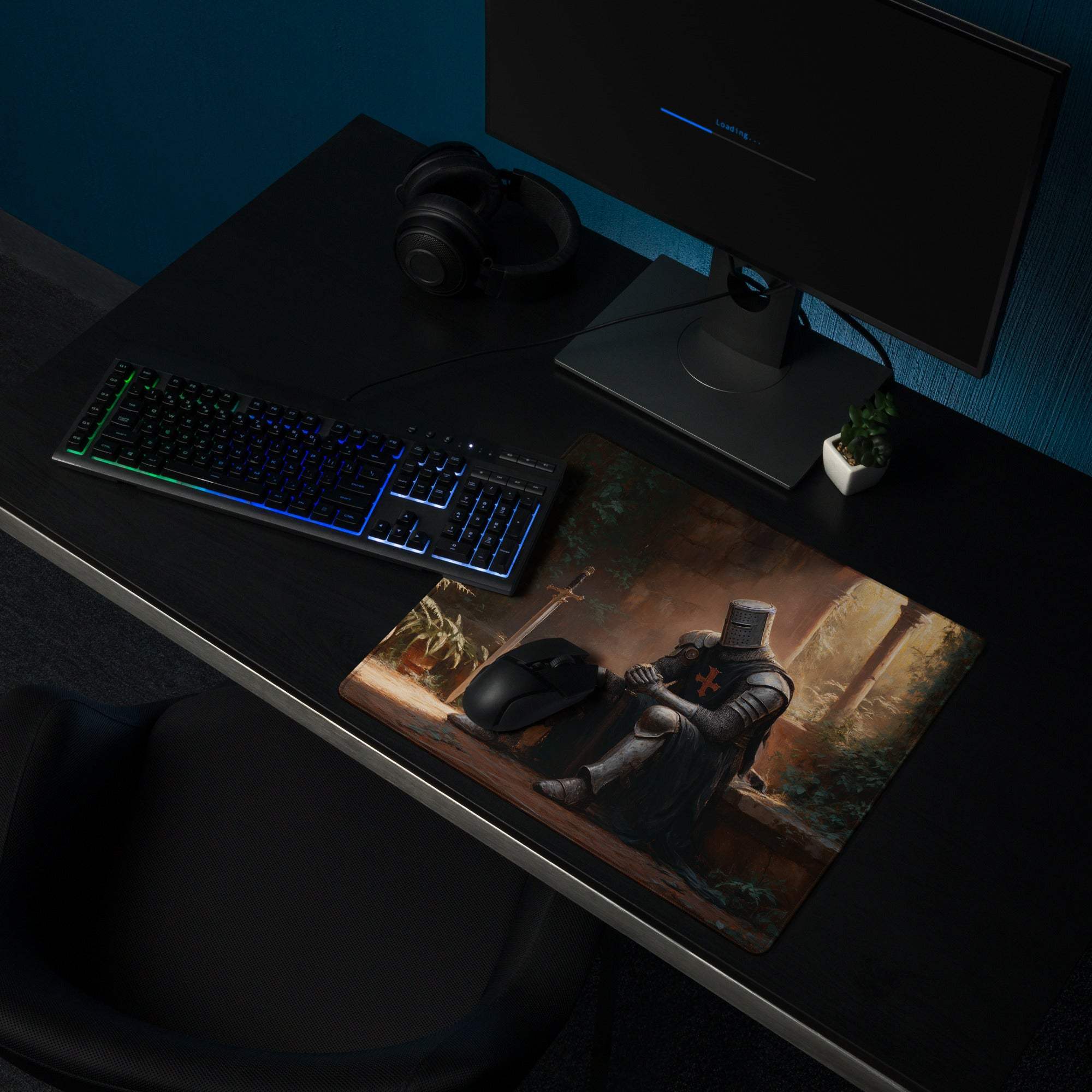 Dark Knight in forest ruins gaming mousepad with moody knight illustration