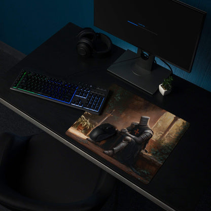 Dark Knight in forest ruins gaming mousepad with moody knight illustration