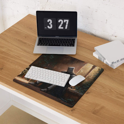 Dark Knight in forest ruins gaming mousepad with moody knight by window