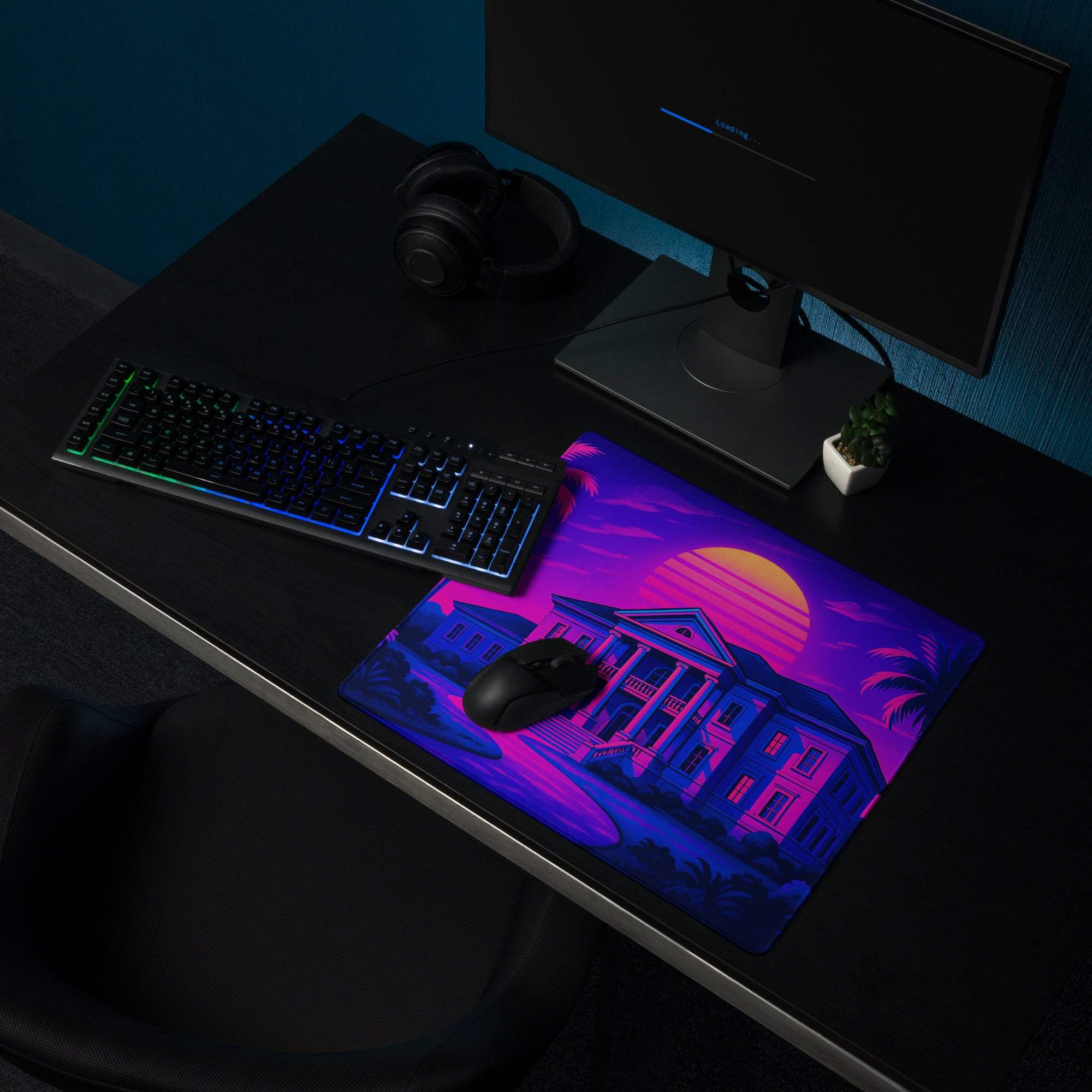 Vaporwave neon sunset mansion gaming mouse pad with purple pink house and palm trees