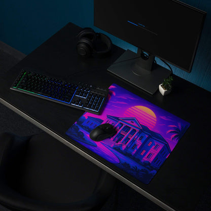 Vaporwave neon sunset mansion gaming mouse pad with purple pink house and palm trees