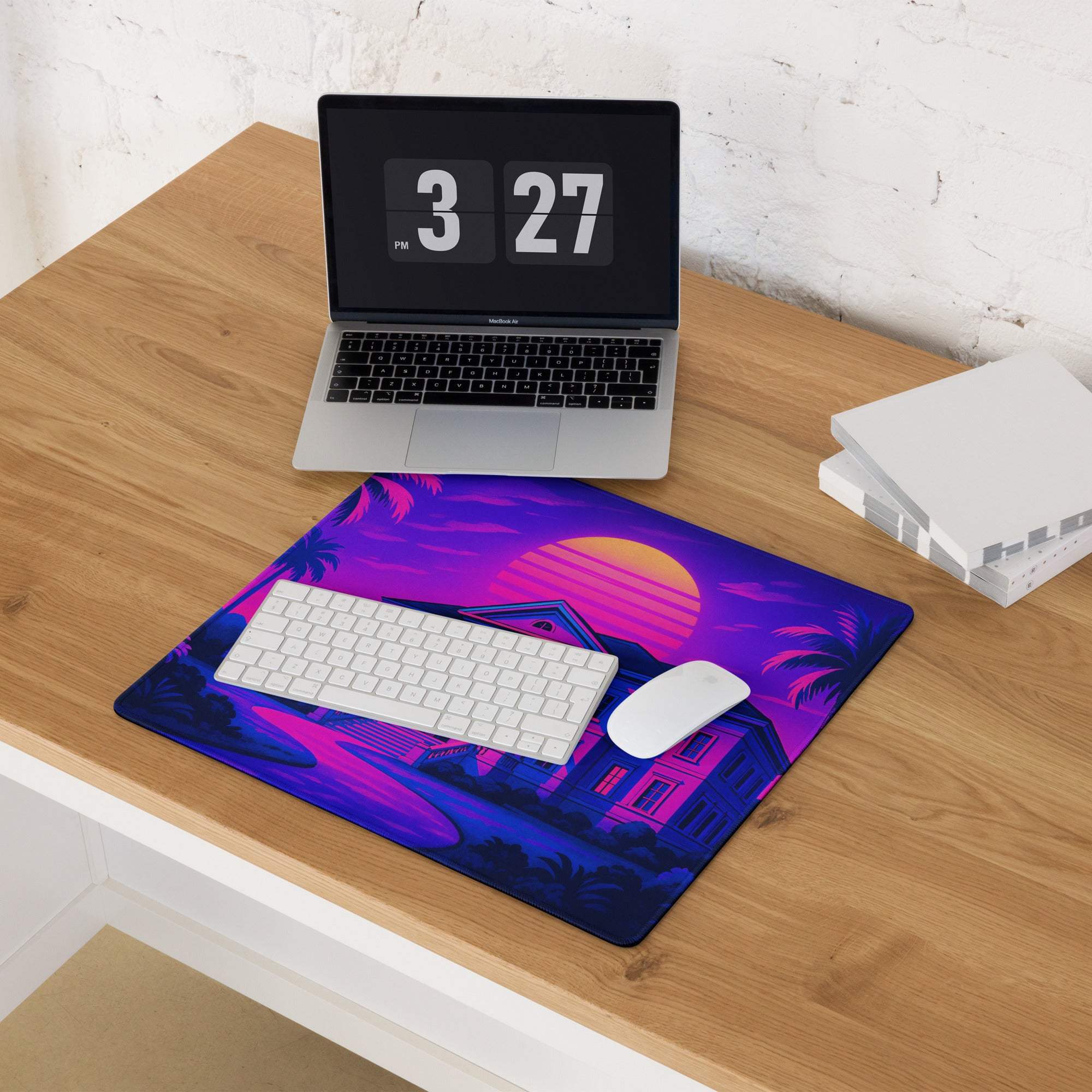 Vaporwave neon sunset mansion gaming mouse pad with palm trees