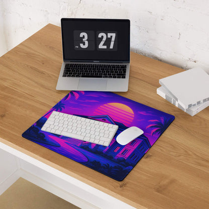 Vaporwave neon sunset mansion gaming mouse pad with palm trees