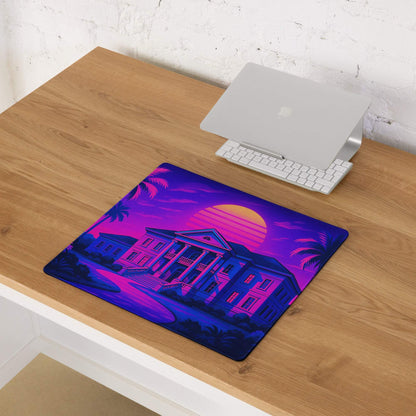 Vaporwave neon sunset mansion gaming mouse pad with palm trees