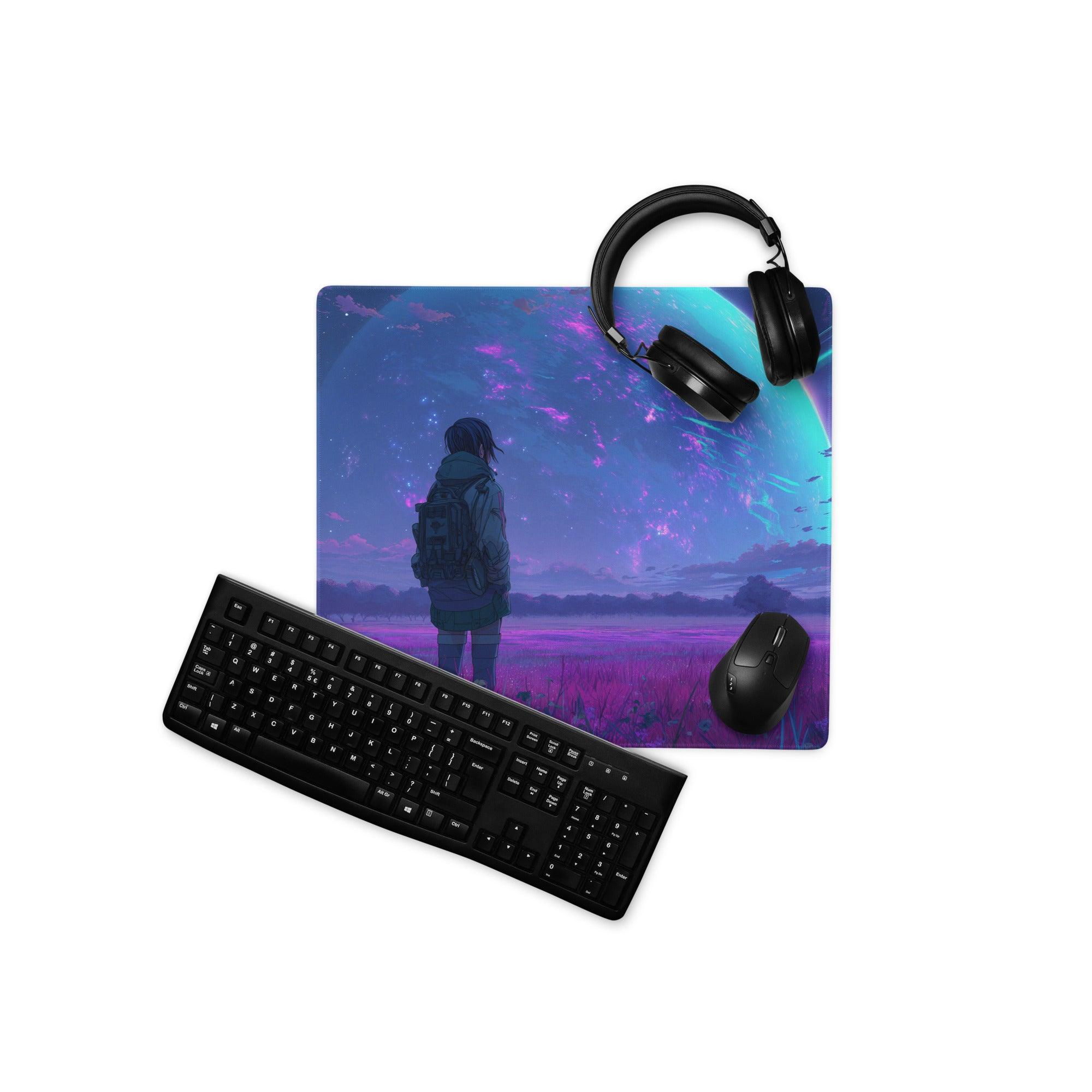 Anime night sky violet purple gaming mouse pad with headphones