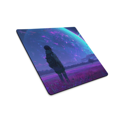 Purple blue cosmic mousepad with silhouette under glowing planet, large non-slip anime gaming pad