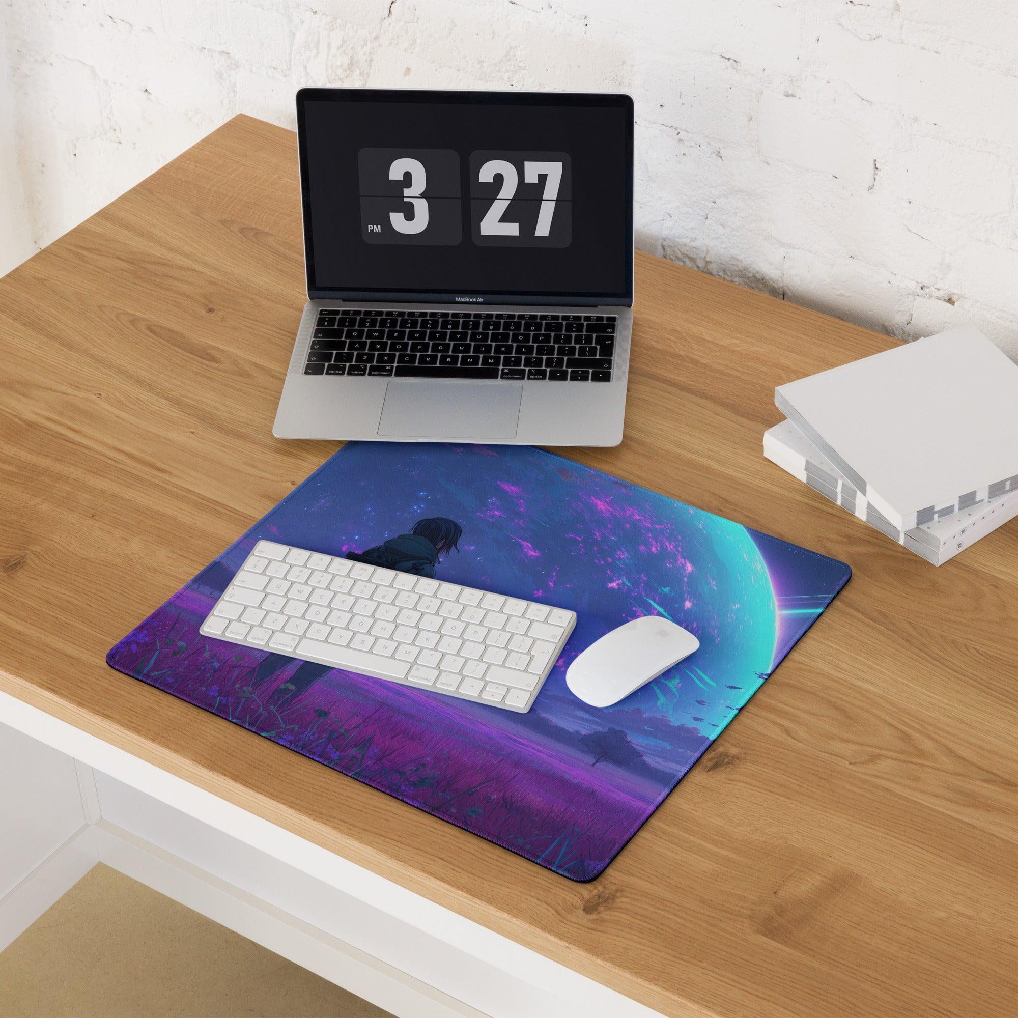 Vibrant purple blue cosmic anime mousepad with nebula stars large non-slip stitched edge