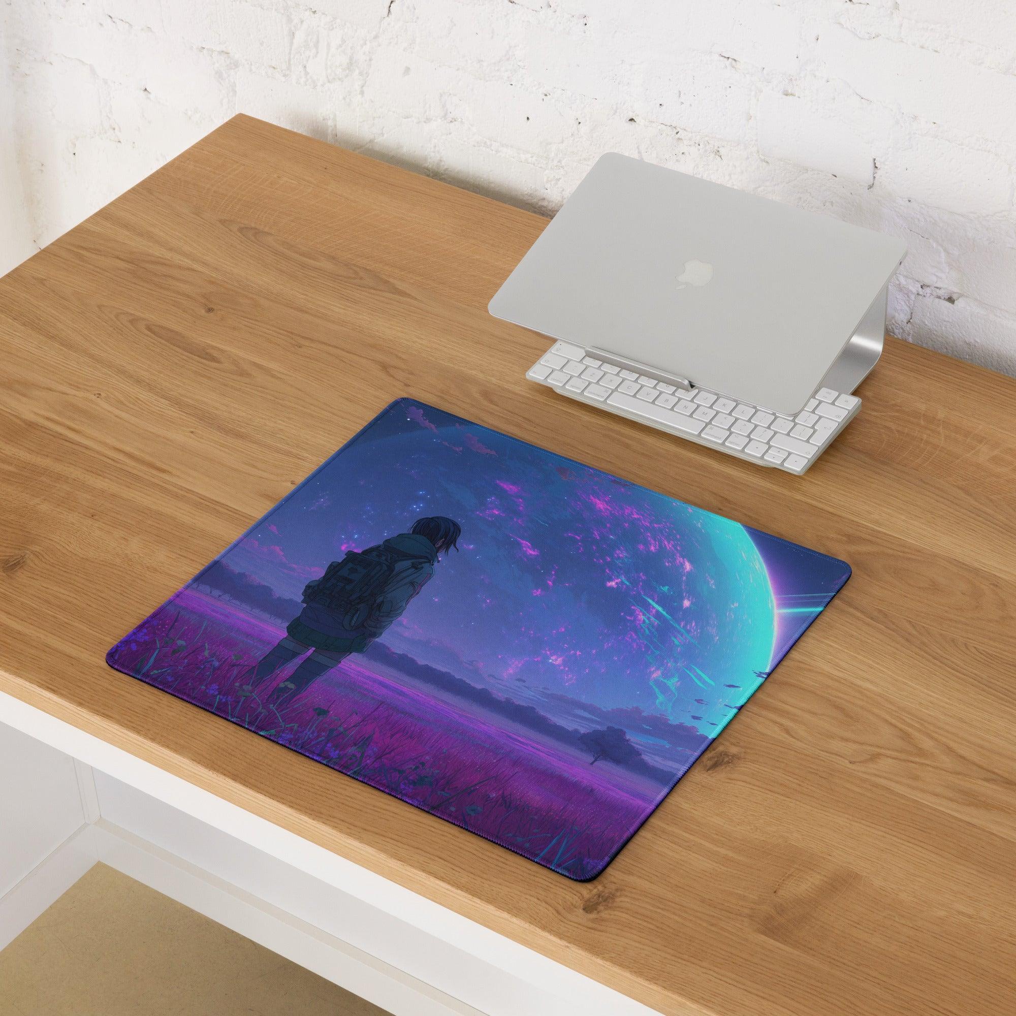 Purple teal cosmic anime mousepad with figure under glowing planet, large non-slip stitched