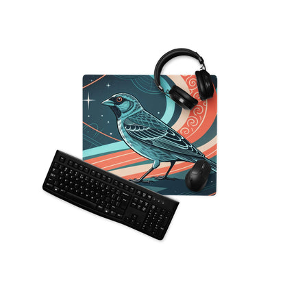 Teal bird illustration on cosmic geometric gaming mouse pad