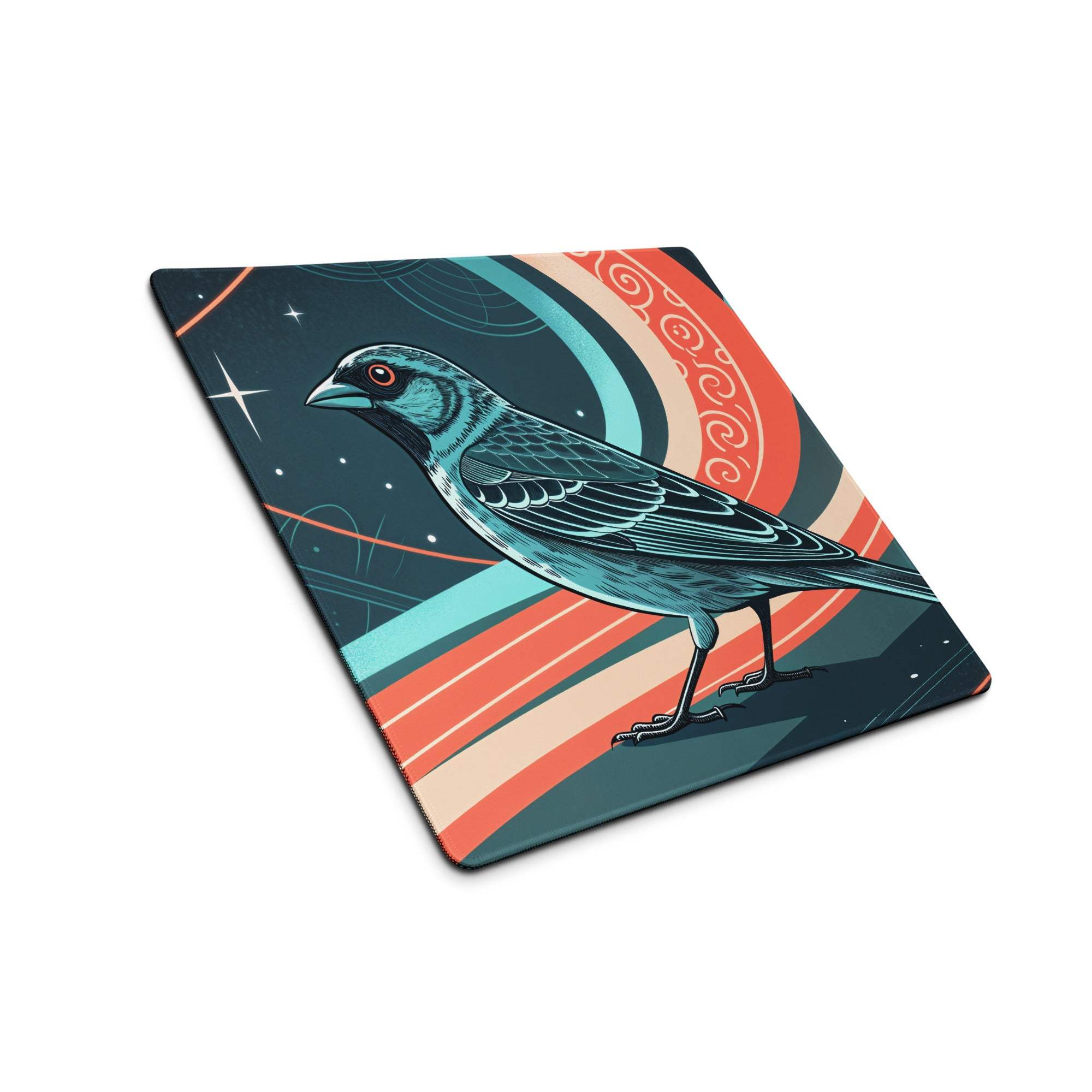 Teal bird with red eyes on orange turquoise stripes cosmic gaming mouse pad