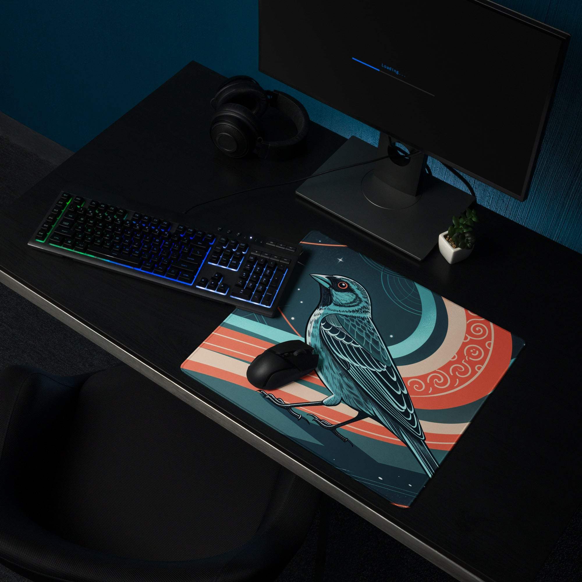 Teal bird on cosmic night sky gaming mouse pad, coral mood