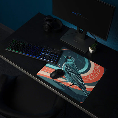 Teal bird on cosmic night sky gaming mouse pad, coral mood