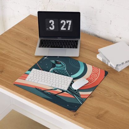 Teal bird on coral navy swirls with stars, cosmic gaming mouse pad